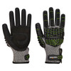 Nitrile foam impact gloves in black and grey with green accents and textured grip. Features a logo on the wrist.