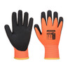A pair of Thermo Pro Ultra Gloves featuring an orange and black design with a branded logo on one glove.