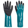 A pair of teal gloves with textured black palms, featuring a logo on one side.