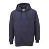 A navy blue hoodie featuring a front pocket and drawstring hood, with a discreet logo on the design.