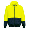 A bright yellow and navy two-tone zip hoodie featuring a hood and front pockets. It has a logo on the chest.