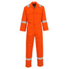 An orange coverall with reflective strips, featuring multiple pockets and long sleeves, designed for work uniform use.