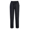 Black Cotton Chef Pants featuring an elastic waistband and drawstring, with a logo on the side.