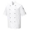 A white chef's jacket featuring short sleeves, black buttons, and a logo on the sleeve.