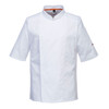 A white chef's jacket with short sleeves and an orange accent, featuring a logo on the sleeve.