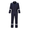 A navy blue coverall featuring reflective stripes, zippers, and two front pockets, with a logo on the chest.