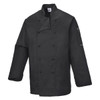 A black chef jacket with a double-breasted design and a zippered pocket on the sleeve. It features a logo.