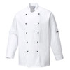 A white chef jacket with a double-breasted design and black buttons, featuring a logo on one sleeve.