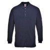 A navy long-sleeve polo shirt with a collar and a logo on the sleeve. Suitable for workwear.