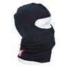 A black balaclava displayed on a white mannequin head, featuring a logo on the side.