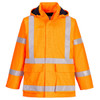 An orange high-visibility rain jacket with reflective stripes and a hood, featuring multiple pockets and a logo.