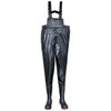 A pair of black chest waders with adjustable straps and red soles. The product has a logo on it.