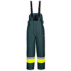 A green waterproof bib and brace with reflective yellow stripes, featuring adjustable black suspenders.