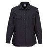 A black long-sleeve utility work shirt with two chest pockets and a button-up front. It features a logo on the label.