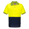 A short-sleeve polo shirt in high visibility yellow and navy, featuring a pocket and a logo.