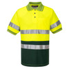 A high-visibility polo shirt in bright yellow and green, featuring reflective stripes and a chest pocket.