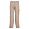 Light beige cotton cargo pants with side pockets and a waistband. The pants have a simple design and include a logo.