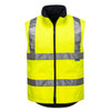 A reversible bodywarmer in high-visibility yellow with reflective stripes and a black inner lining. It features a logo.