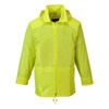 A bright yellow rain jacket with a hood and zipper front. It features long sleeves and a logo on the chest.
