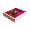 A gift box with a red and gold design featuring a black tag that says "Thank You." The box has a lid and a plain base.