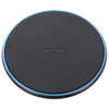 A black wireless charger with a blue LED ring and a smooth surface. It has a branding logo on it.