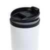 A reusable coffee cup featuring a sleek white body and a black lid with a flip-top opening.