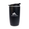 A reusable coffee cup in matte black featuring a secure lid and the logo of Summit Financial Consulting.