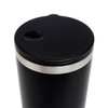 A reusable coffee cup featuring a sleek black design with a metallic band around the center and a secure lid.