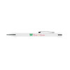 A metal pen in white with a silver clip and a logo printed on the barrel.