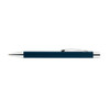 A metal pen in navy blue with silver accents and a logo.
