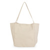 A roomy beige tote bag with long handles and a simple design. It features a logo on one side.