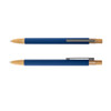 A set of blue metal pens with bamboo accents and silver clips. Each pen features a different design.