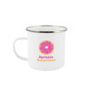 A white enamel mug with a colourful donut design and the words "Sprinkle Sensations," featuring a silver rim.