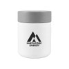 A white food container with a grey lid and a logo featuring a mountain design.