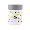 A food container in white with a grey lid, featuring mining-themed illustrations and a logo.