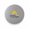A round, grey promotional product featuring a logo and text about sustainability.