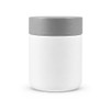A food container with a white body and a grey lid, featuring a simple design and a logo.