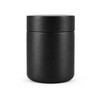 A black food container with a smooth, matte finish and a matching lid. It has a simple, modern design.