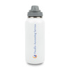 A drink bottle with a white finish, featuring a grey lid and a logo. Suitable for various beverages.
