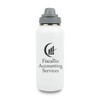 A drink bottle with a sleek white finish and a grey lid, featuring a logo on the front.