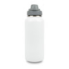 A drink bottle made of stainless steel, featuring a grey cap and a sleek white body. It has a logo on the side.