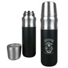 A drink bottle in matte black with silver accents and a logo, designed for outdoor use.