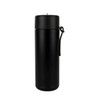 A drink bottle in matte black finish with a screw-top lid and a carrying strap, featuring a logo.
