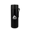 A drink bottle in matte black with a strap and a logo on the front. Ideal for water or beverages.