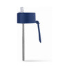 A drink bottle with a navy blue lid and stainless steel straw, featuring a loop for easy carrying.