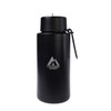 A drink bottle in matte black, featuring a logo, with a screw-on lid and a strap.