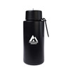 A drink bottle in matte black with a screw top lid and a logo featuring mountain designs.