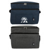 A navy blue and grey cooler bag with a top zipper, featuring a front pocket and a logo.