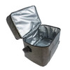 A grey cooler bag with an open lid, featuring a silver insulated interior and a side handle.