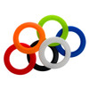 A set of six silicone flying discs in vibrant colors including red, orange, black, white, green, and blue.